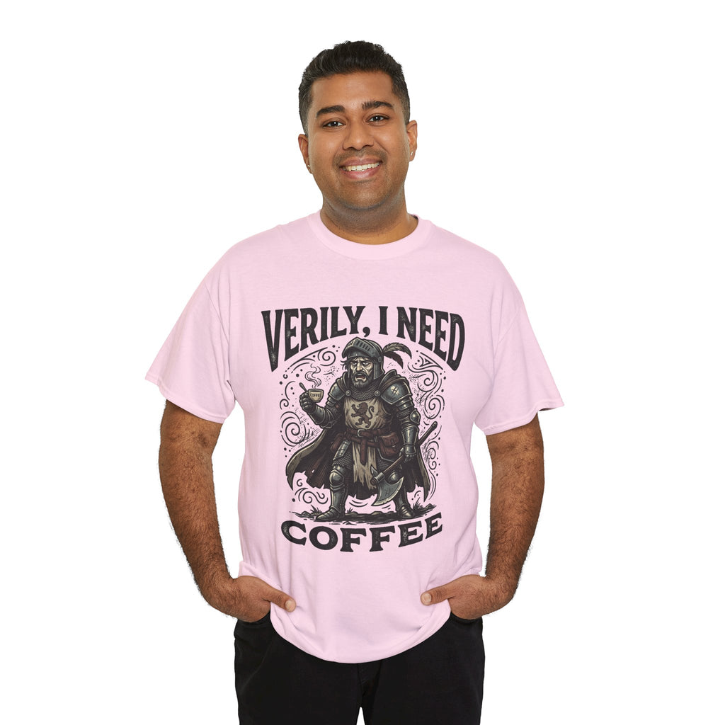 Coffee Viking T‑Shirt — “Verily, I Need Coffee” Medieval Warrior Tee