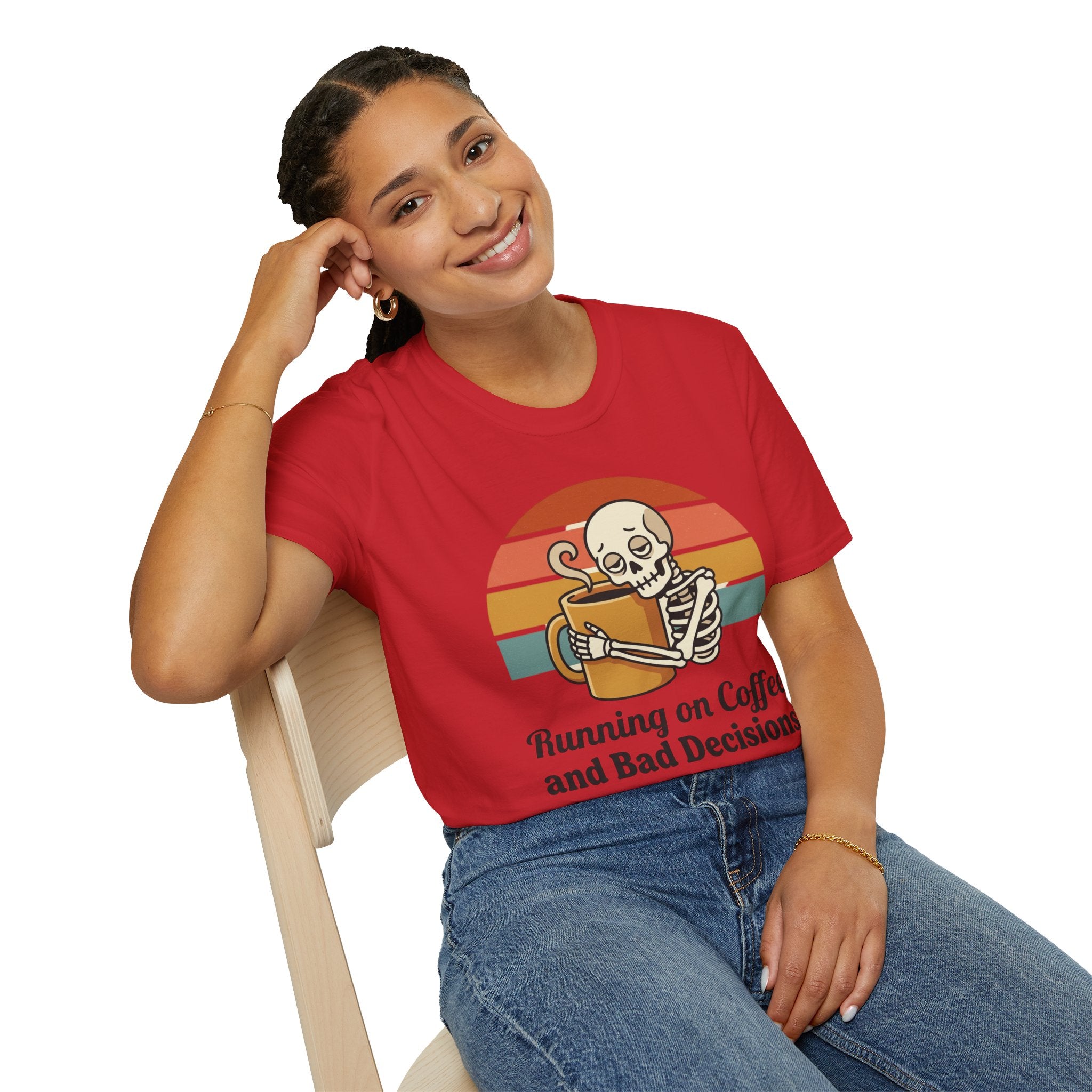 Running on Coffee and Bad Decisions T-Shirt — Retro Skeleton Coffee Tee