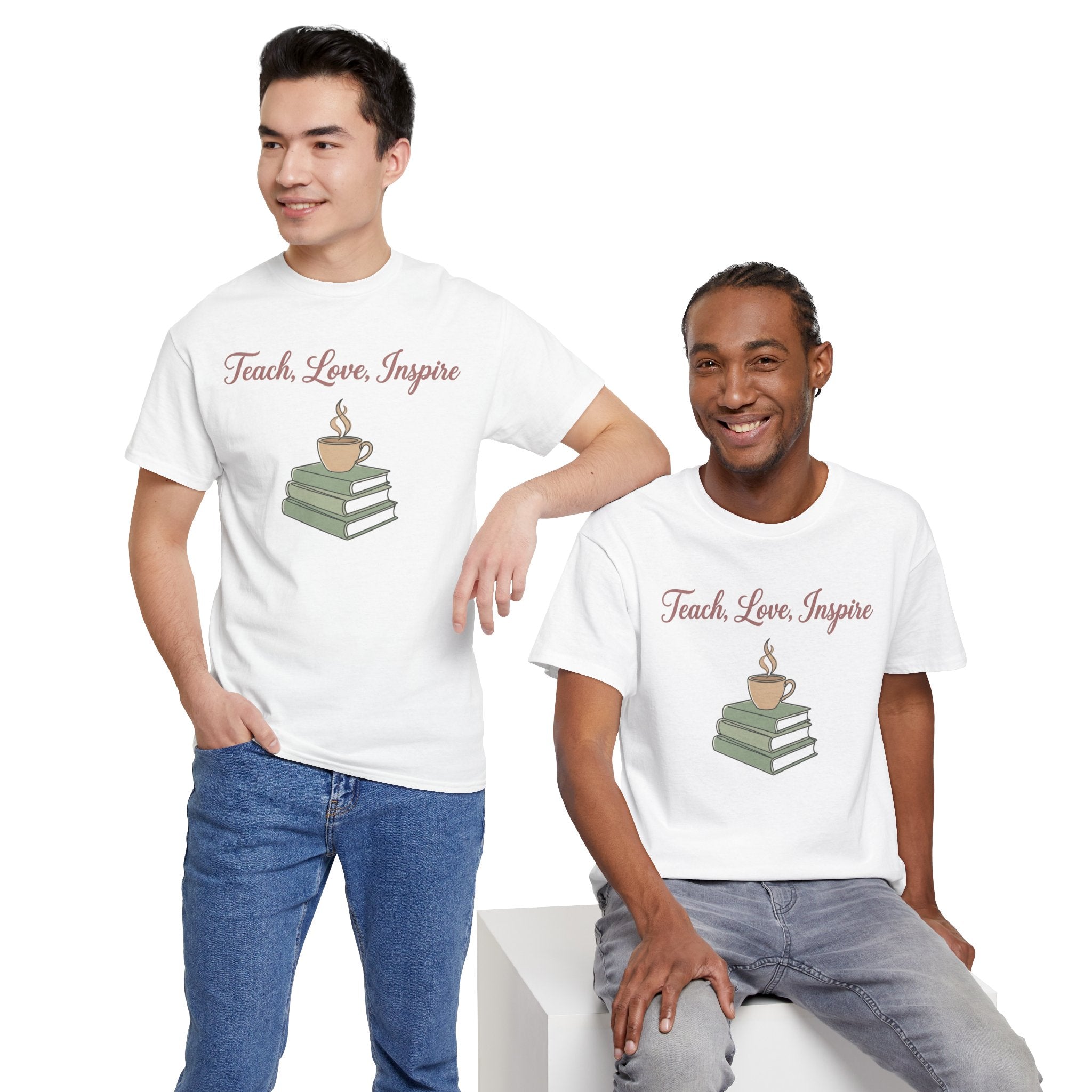 Teacher Tee — "Teach, Love, Inspire" Book & Coffee Graphic T-Shirt