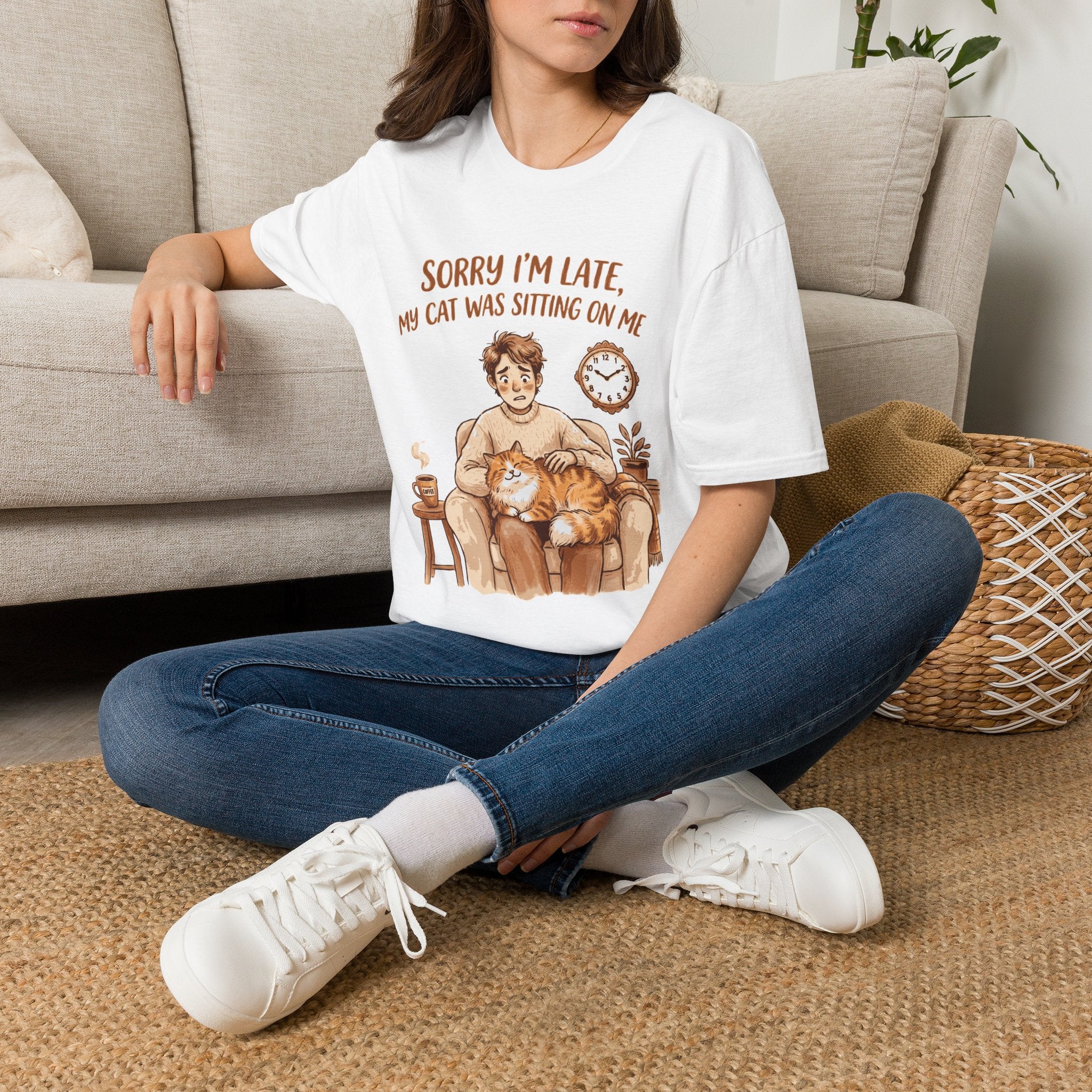 Cat Lover T‑Shirt — "Sorry I'm Late, My Cat Was Sitting On Me" Funny Graphic Tee