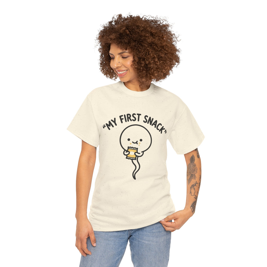 My First Snack Cute Sperm Graphic Tee — Funny Pregnancy Announcement Shirt