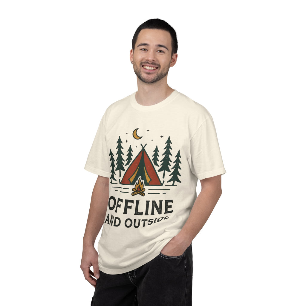 Camping T-Shirt — "Offline and Outside" Tent & Campfire Graphic