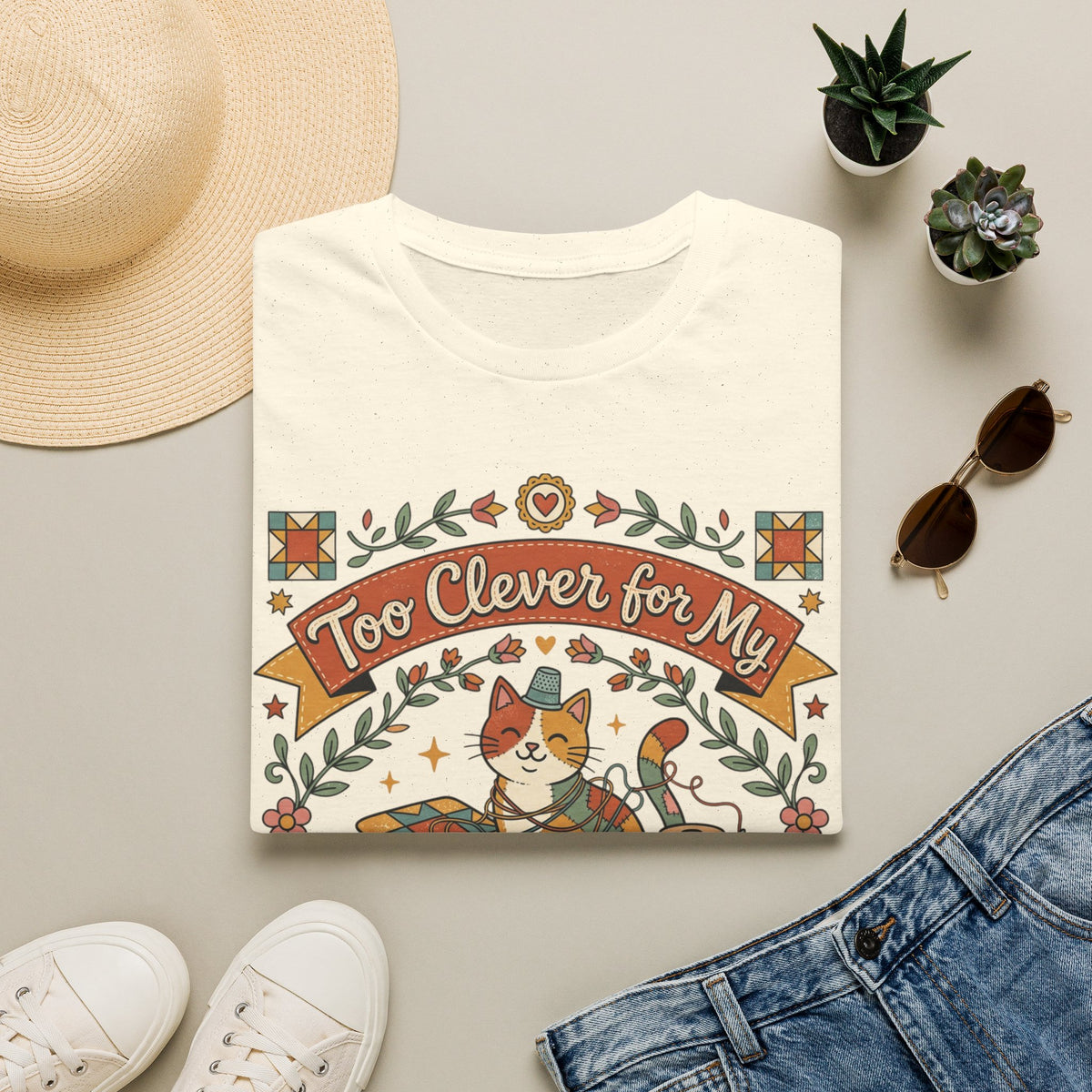 Too Clever for My Own Quilts T-Shirt — Funny Quilting Cat Graphic Tee
