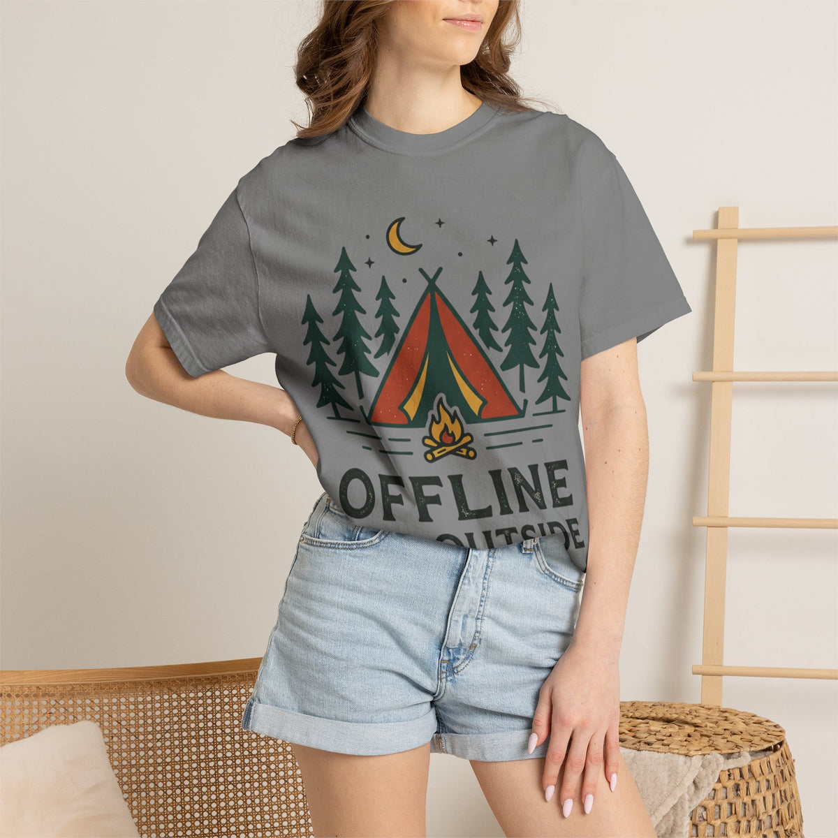 Camping T-Shirt — "Offline and Outside" Tent & Campfire Graphic
