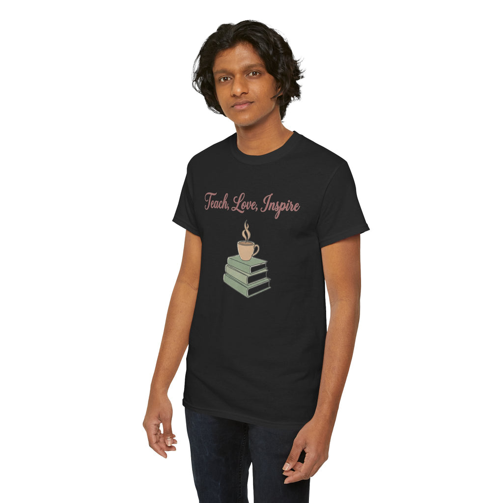 Teacher Tee — "Teach, Love, Inspire" Book & Coffee Graphic T-Shirt