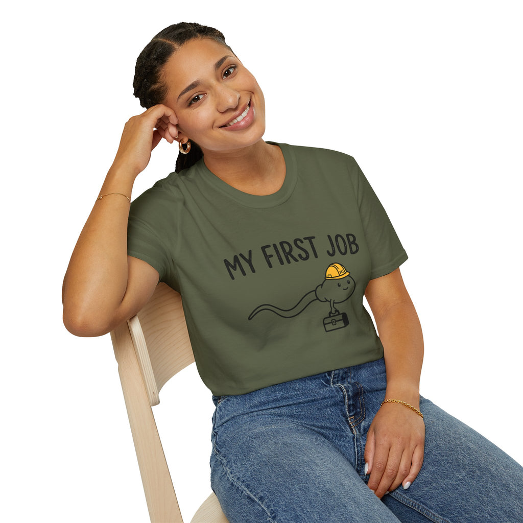 My First Job T-Shirt — Cute Sperm Cell Cartoon Construction Helmet Tee