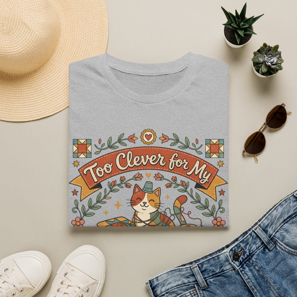 Too Clever for My Own Quilts T-Shirt — Funny Quilting Cat Graphic Tee