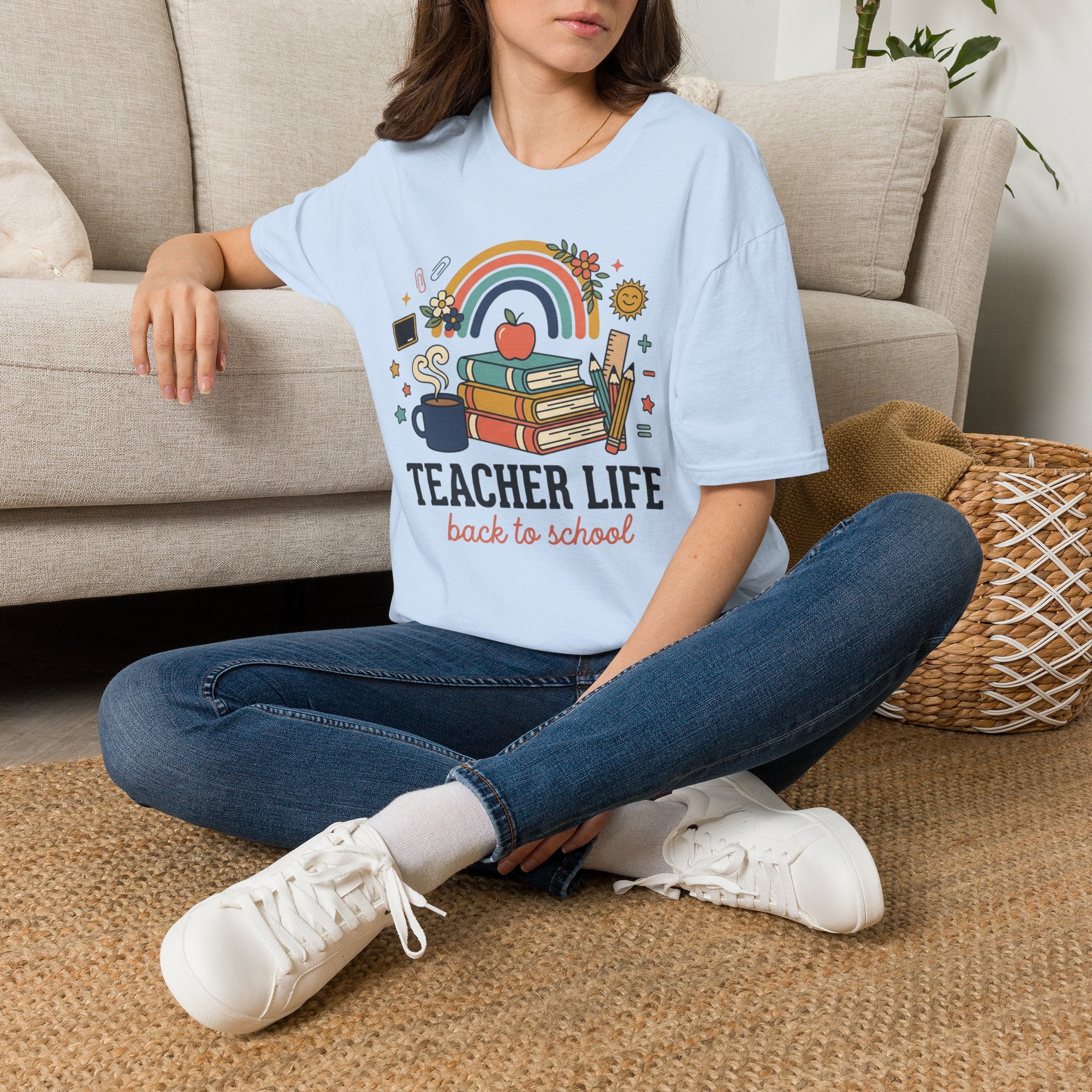 Teacher Life Back to School T-Shirt — Rainbow Books & Apple Graphic