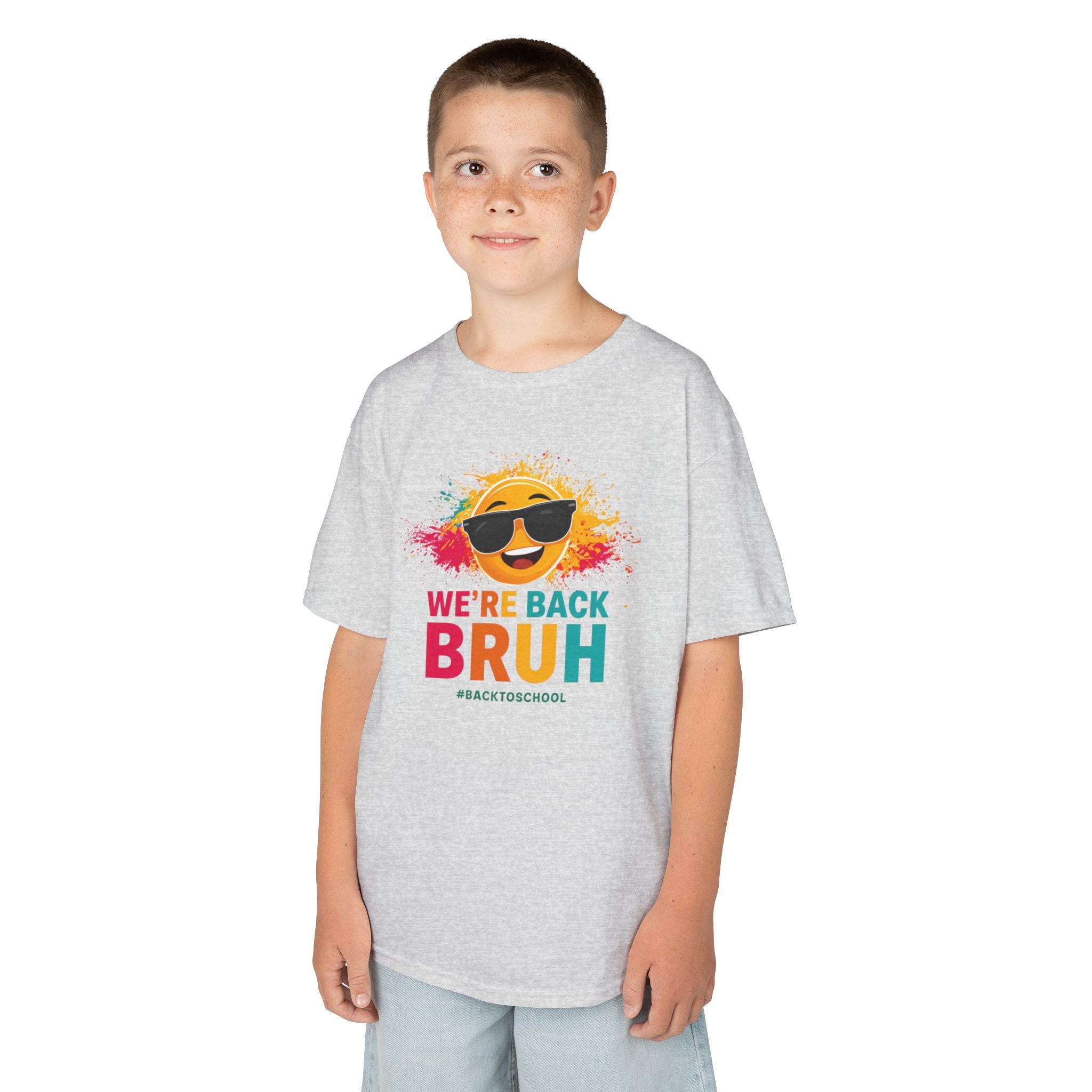 We're Back Bruh Kids Tee — Colorful Sunny Sunglasses Graphic Shirt for Kids