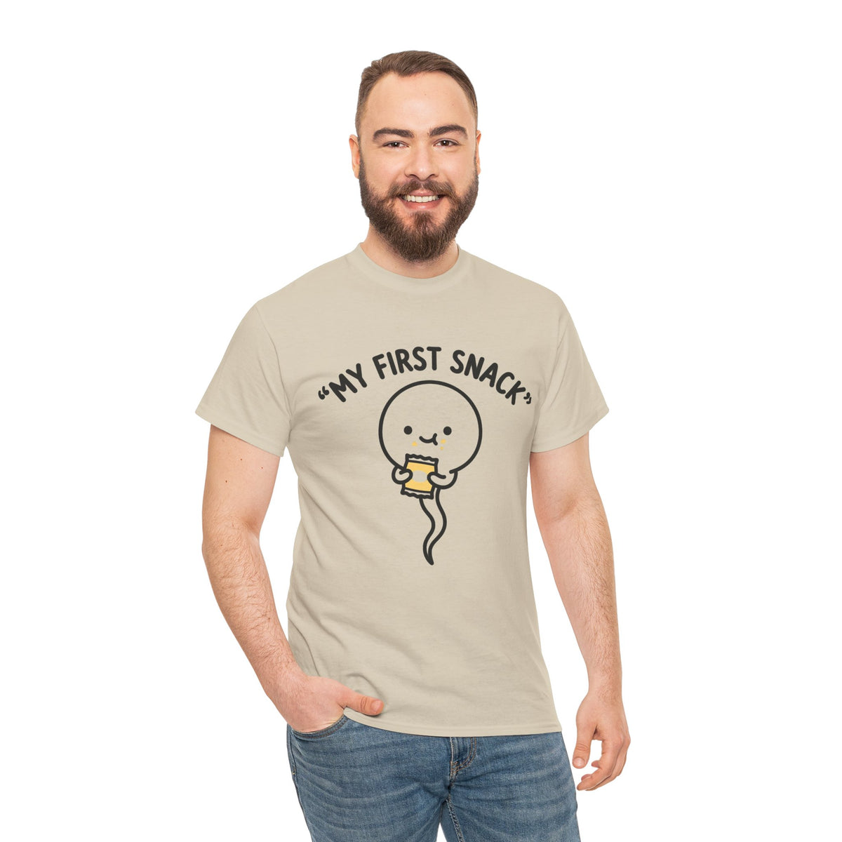 My First Snack Cute Sperm Graphic Tee — Funny Pregnancy Announcement Shirt