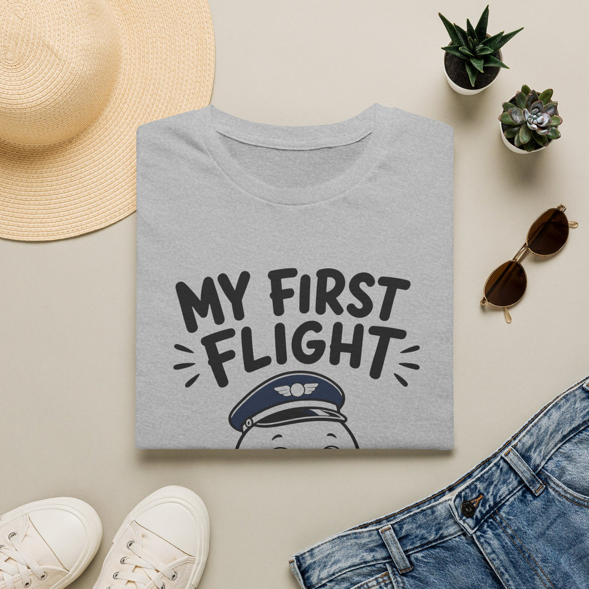 My First Flight T-Shirt — Cute Baby/Infant Travel Tee (Pilot Hat Ghost Design)