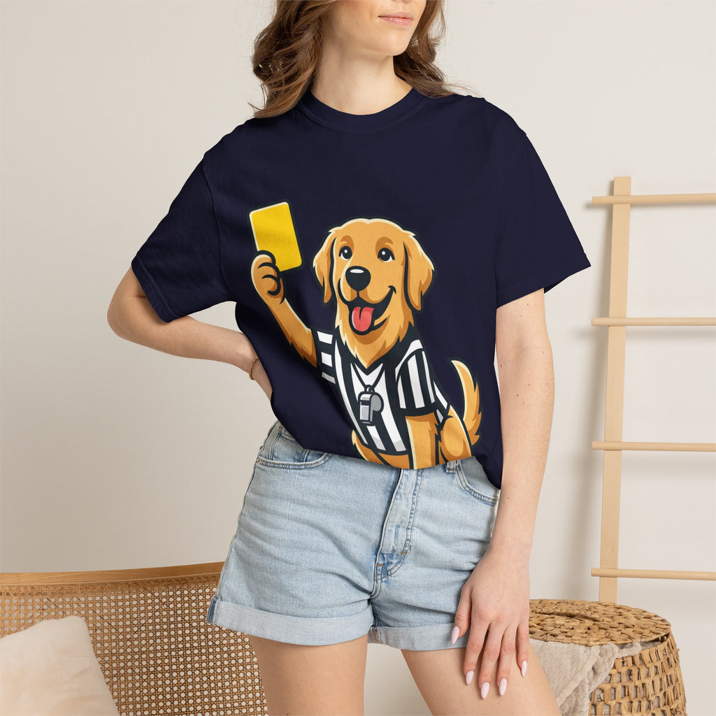 Referee Golden Retriever T-Shirt — Cute Dog Holding Yellow Card Graphic Tee