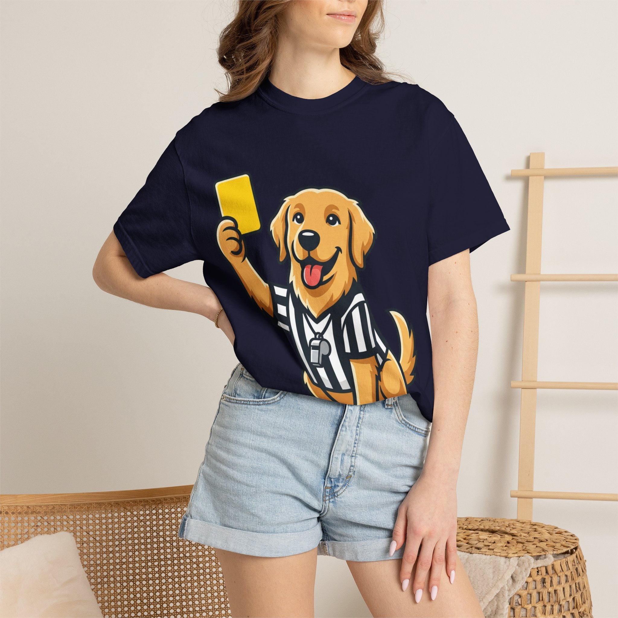Referee Golden Retriever T-Shirt — Cute Dog Holding Yellow Card Graphic Tee