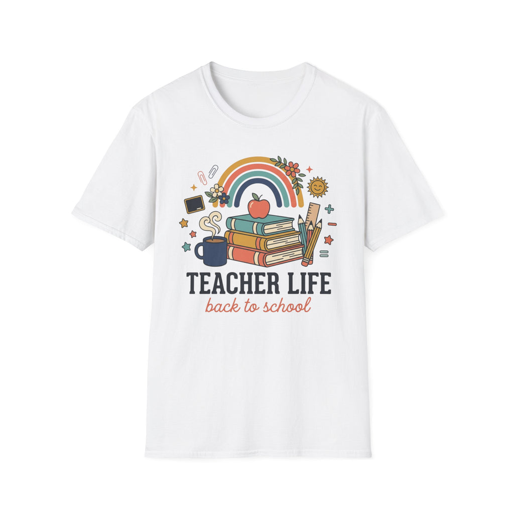 Teacher Life Back to School T-Shirt — Rainbow Books & Apple Graphic