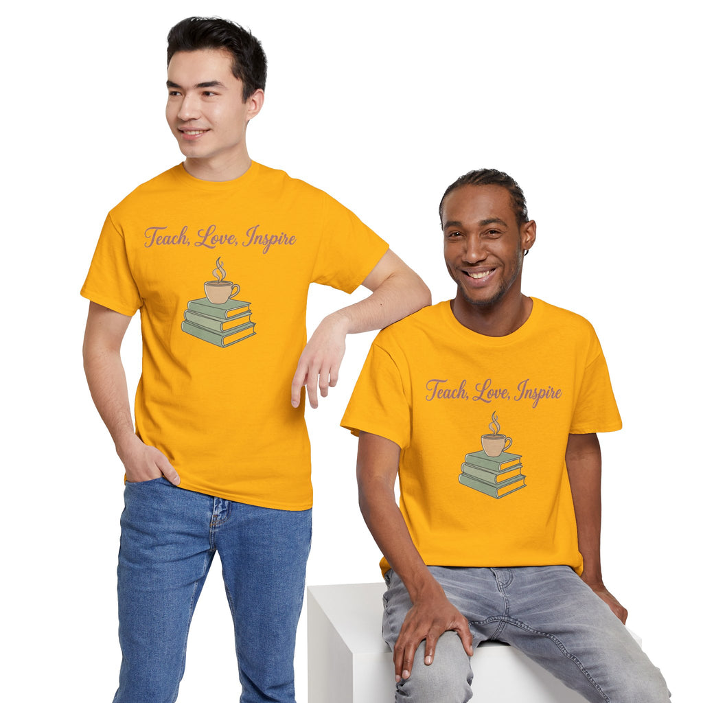 Teacher Tee — "Teach, Love, Inspire" Book & Coffee Graphic T-Shirt