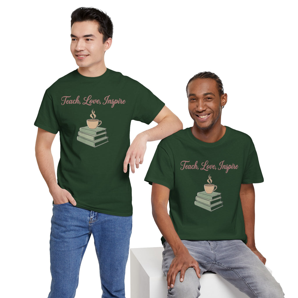 Teacher Tee — "Teach, Love, Inspire" Book & Coffee Graphic T-Shirt