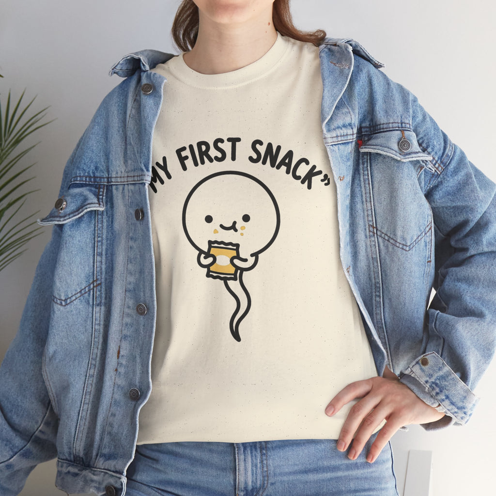 My First Snack Cute Sperm Graphic Tee — Funny Pregnancy Announcement Shirt