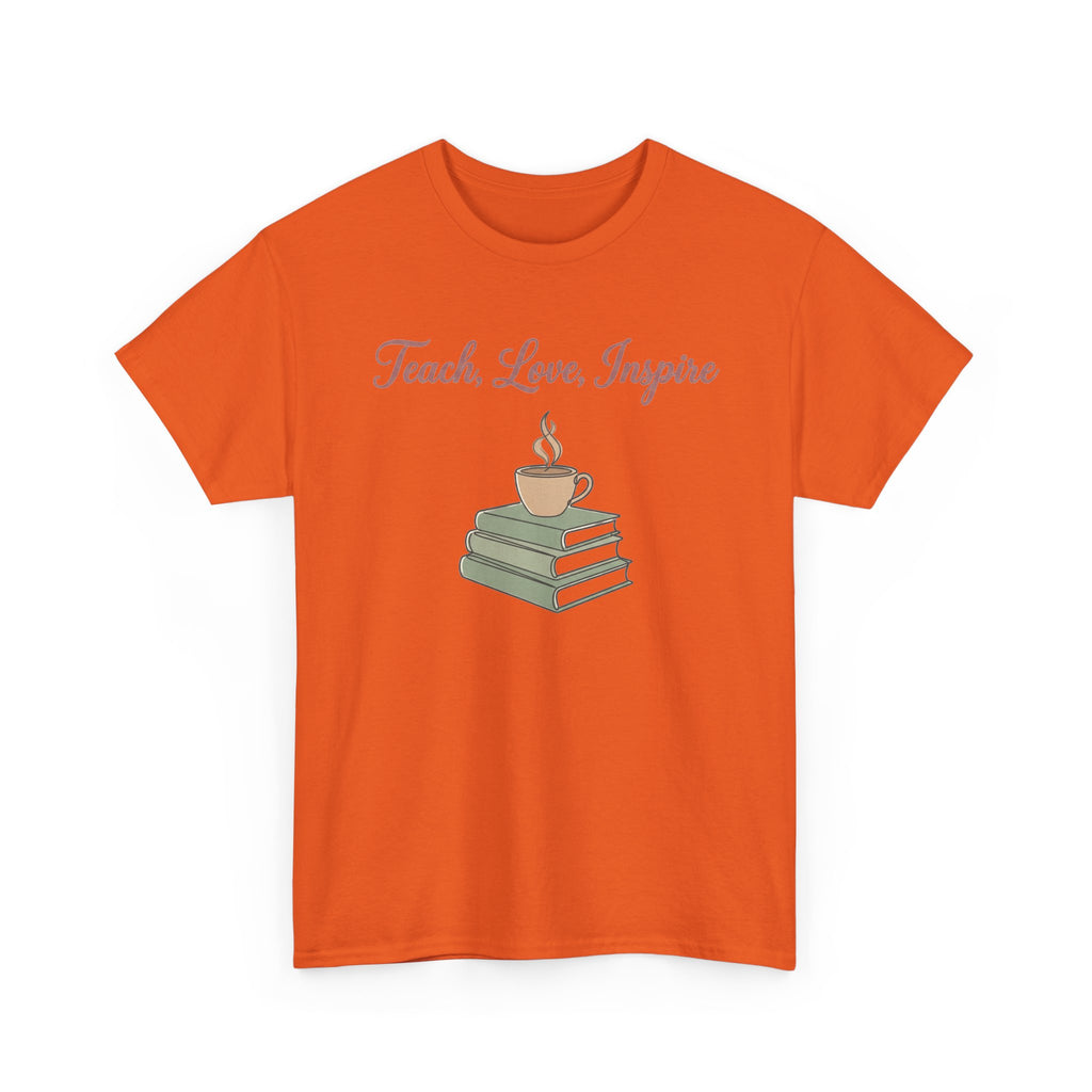 Teacher Tee — "Teach, Love, Inspire" Book & Coffee Graphic T-Shirt