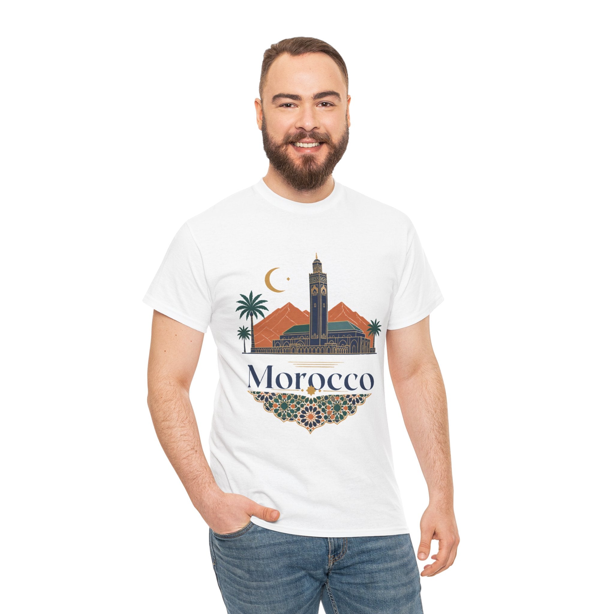 Morocco Travel T-Shirt — Atlas Mountains & Koutoubia Mosque Graphic Tee