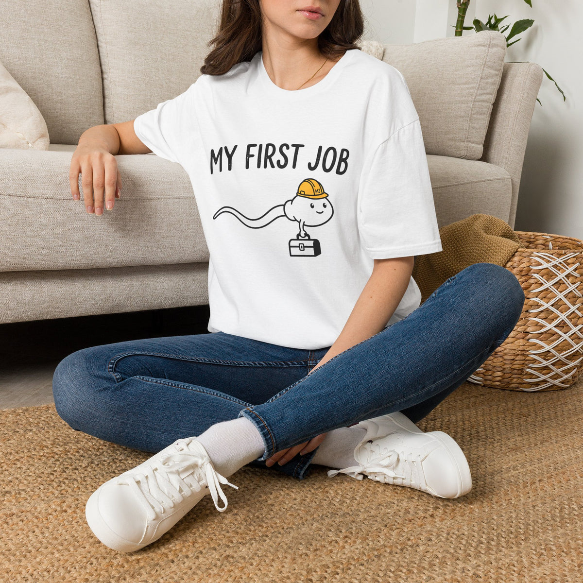 My First Job T-Shirt — Cute Sperm Cell Cartoon Construction Helmet Tee