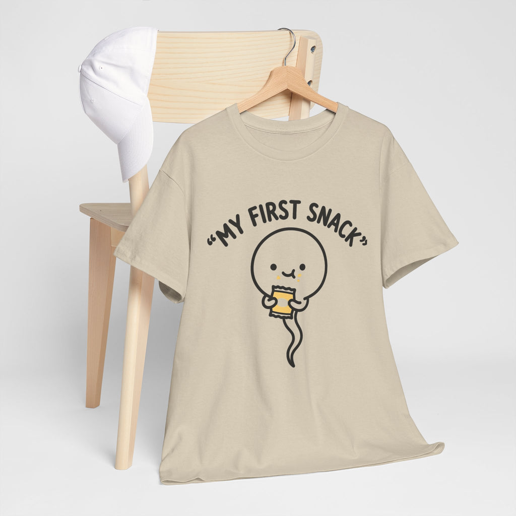 My First Snack Cute Sperm Graphic Tee — Funny Pregnancy Announcement Shirt