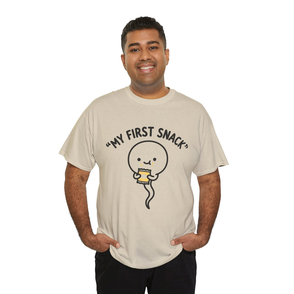 My First Snack Cute Sperm Graphic Tee — Funny Pregnancy Announcement Shirt