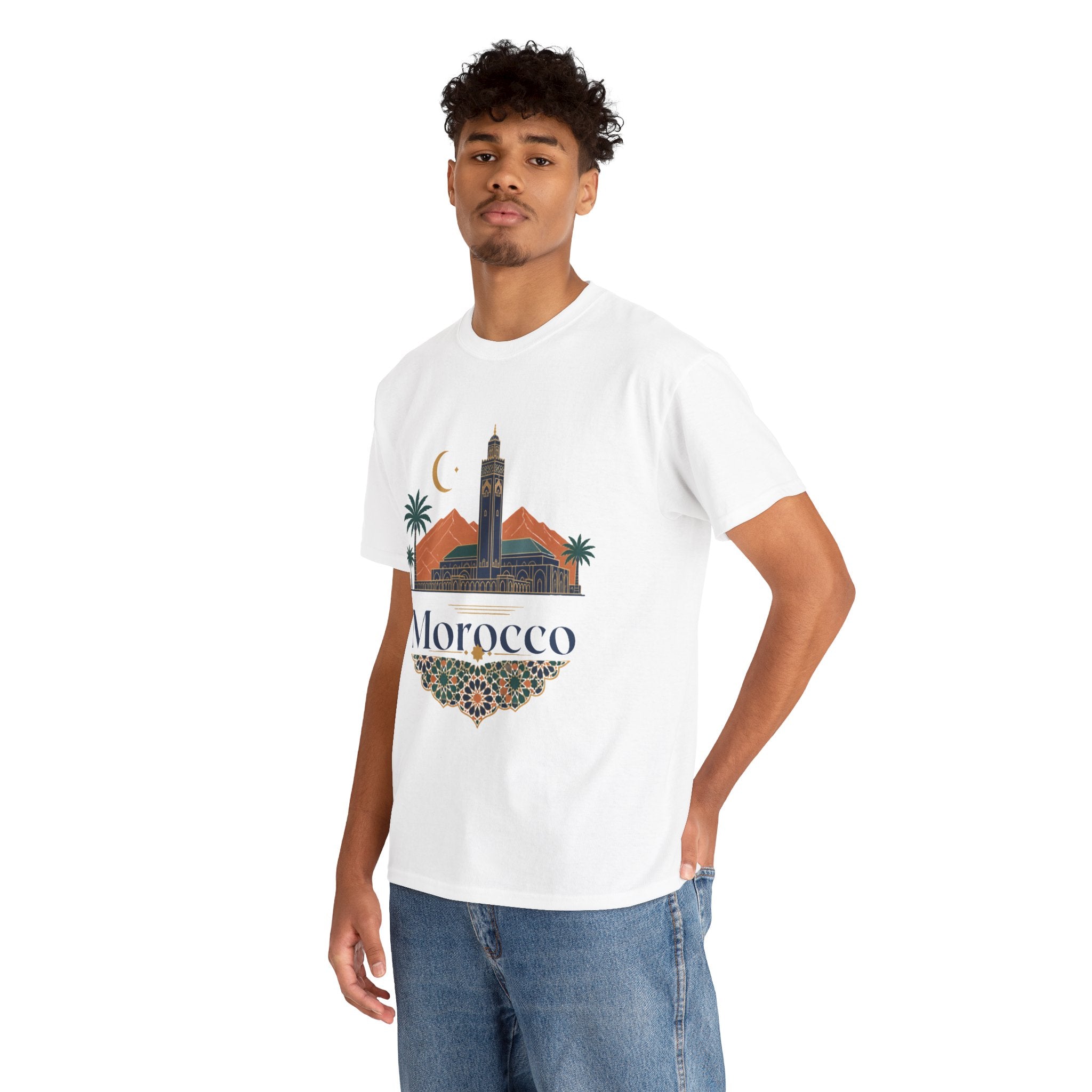 Morocco Travel T-Shirt — Atlas Mountains & Koutoubia Mosque Graphic Tee