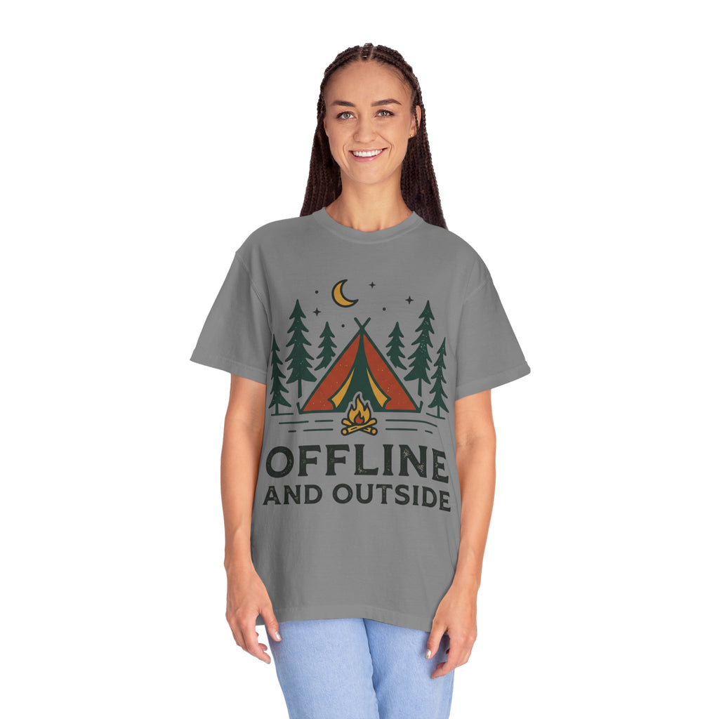 Camping T-Shirt — "Offline and Outside" Tent & Campfire Graphic