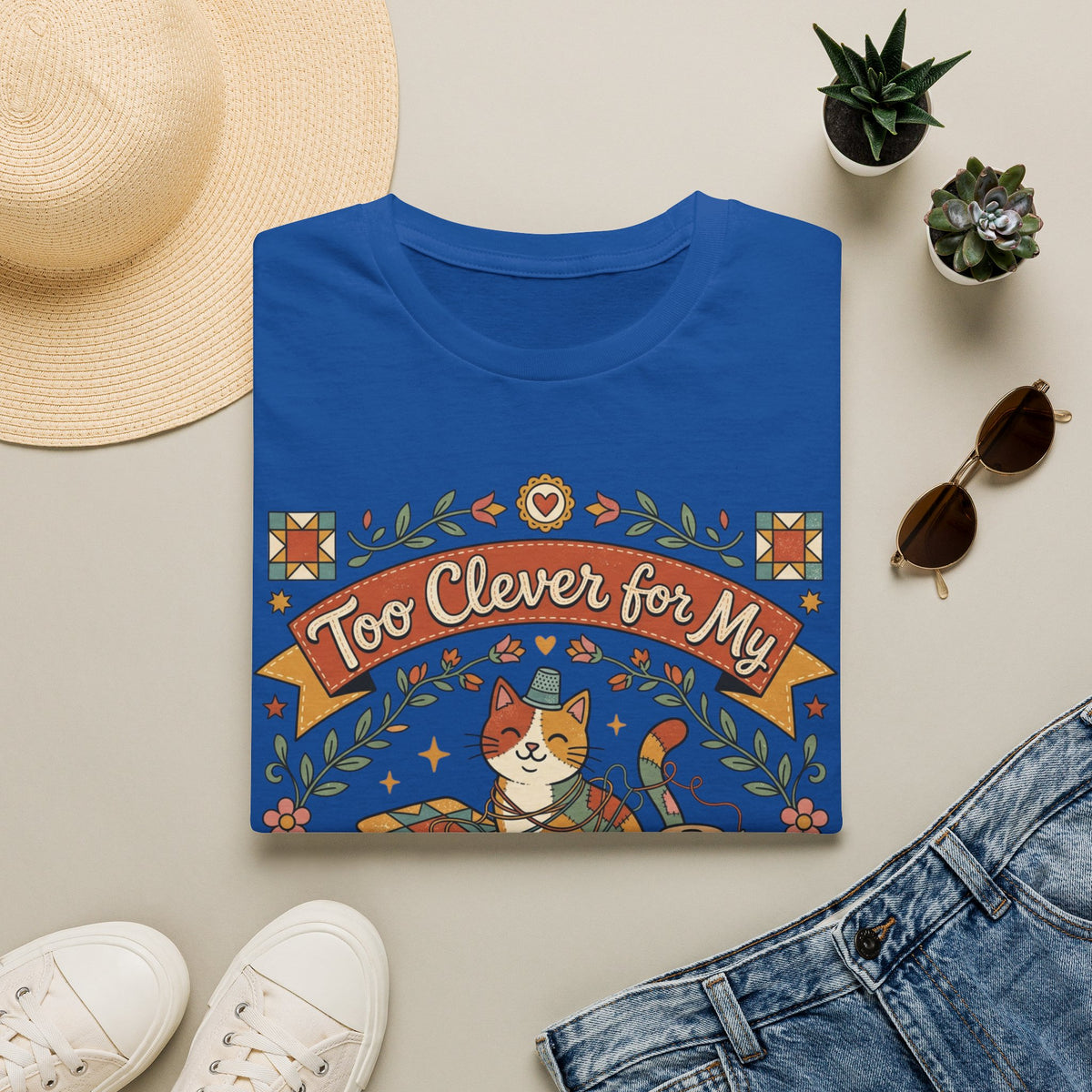 Too Clever for My Own Quilts T-Shirt — Funny Quilting Cat Graphic Tee