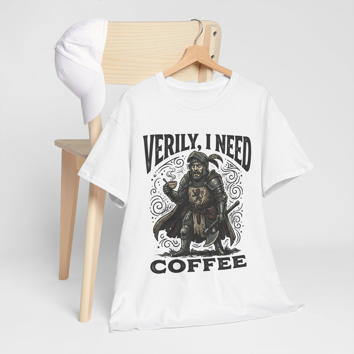 Coffee Viking T‑Shirt — “Verily, I Need Coffee” Medieval Warrior Tee