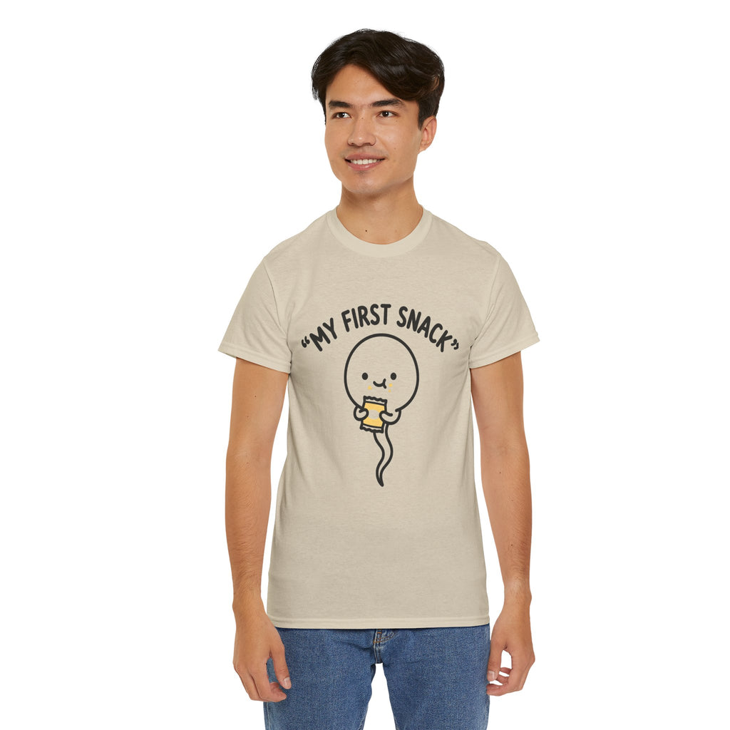 My First Snack Cute Sperm Graphic Tee — Funny Pregnancy Announcement Shirt