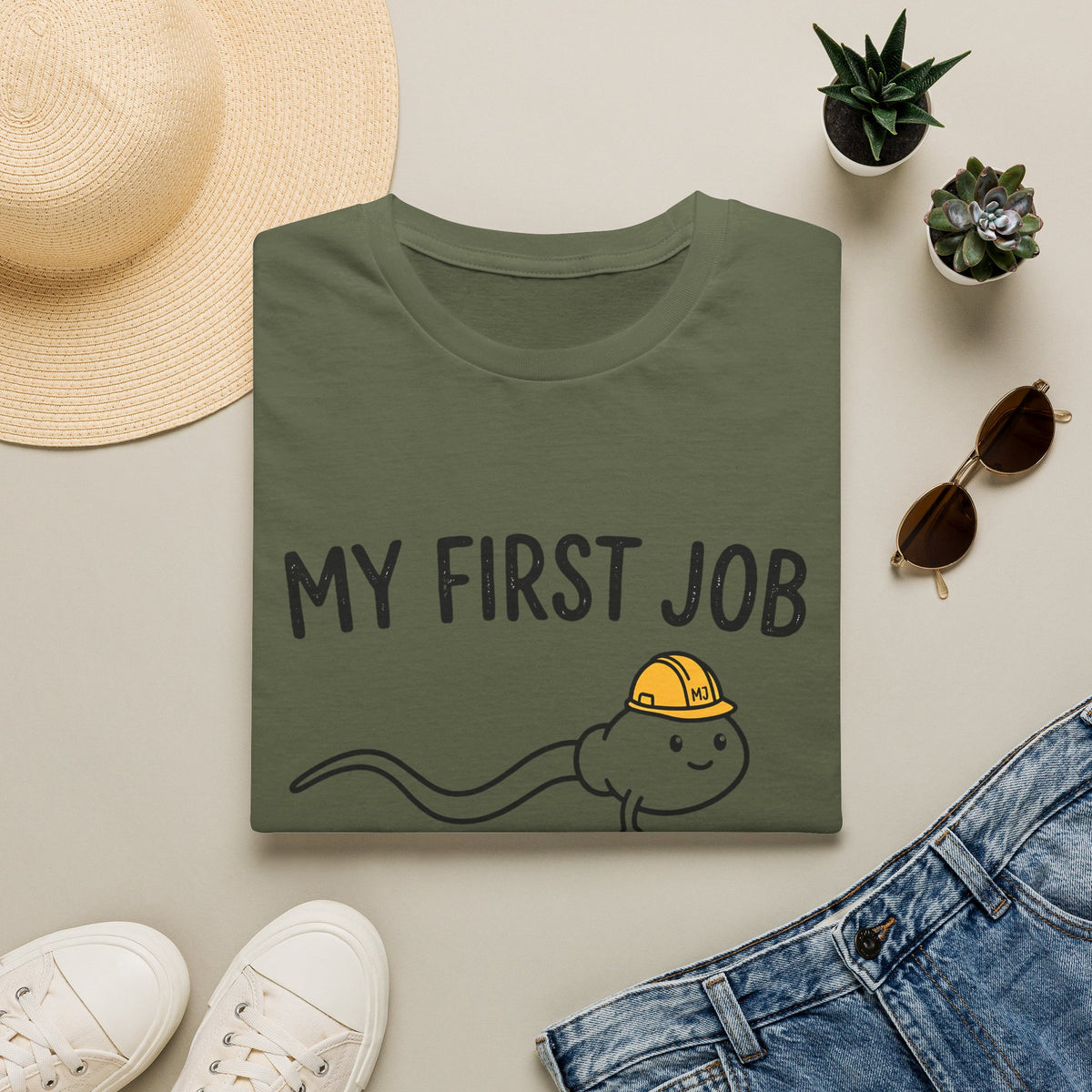 My First Job T-Shirt — Cute Sperm Cell Cartoon Construction Helmet Tee