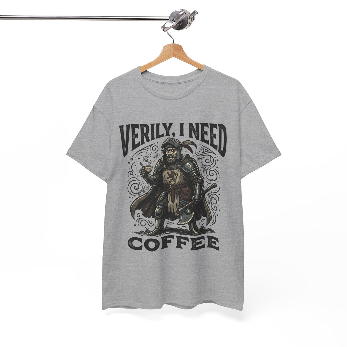 Coffee Viking T‑Shirt — “Verily, I Need Coffee” Medieval Warrior Tee