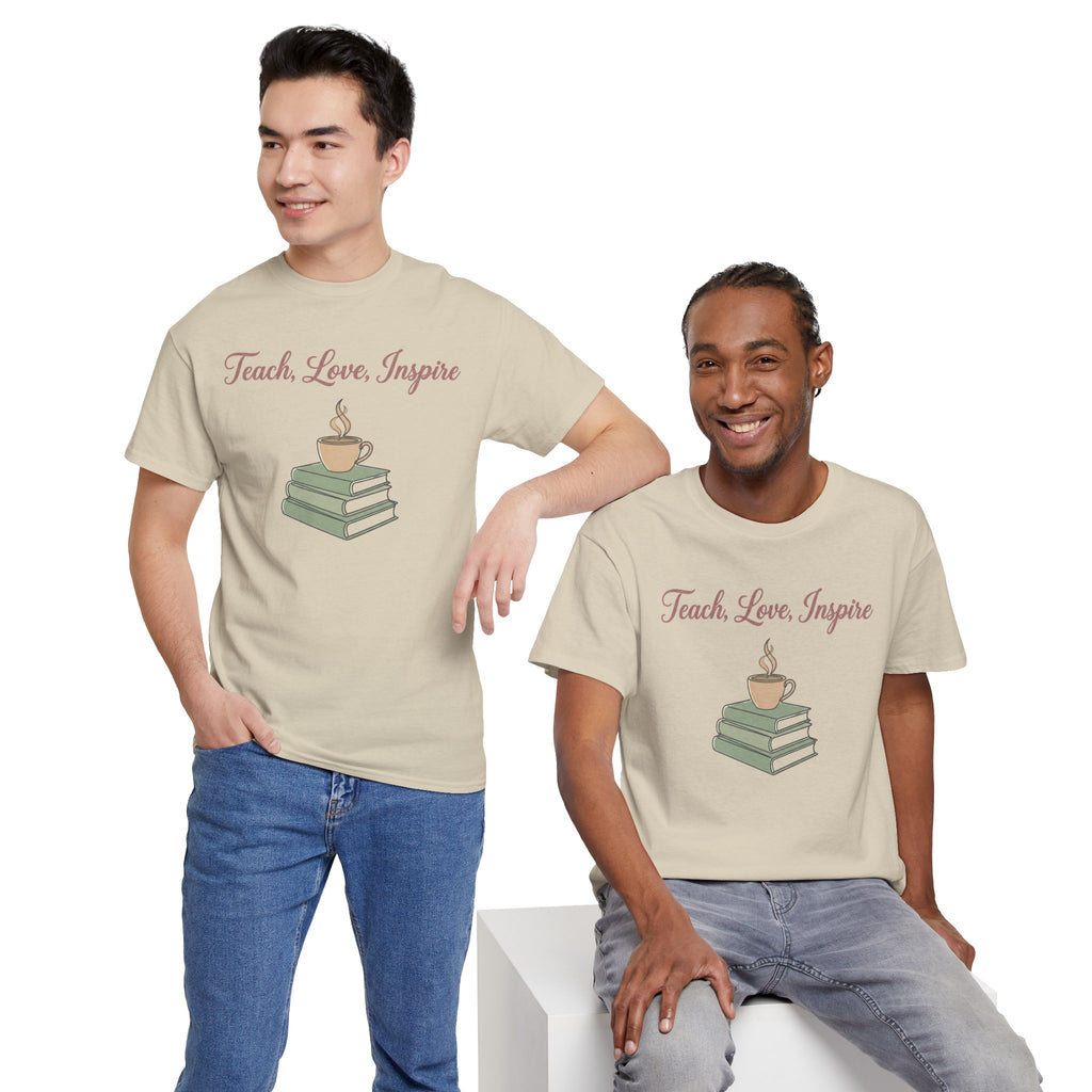 Teacher Tee — "Teach, Love, Inspire" Book & Coffee Graphic T-Shirt
