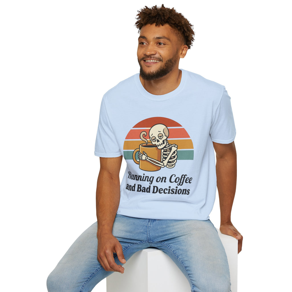 Running on Coffee and Bad Decisions T-Shirt — Retro Skeleton Coffee Tee
