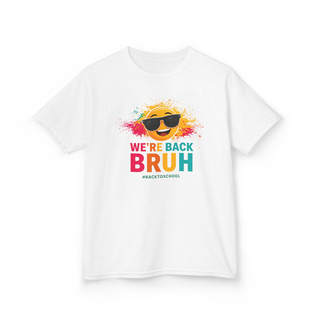We're Back Bruh Kids Tee — Colorful Sunny Sunglasses Graphic Shirt for Kids