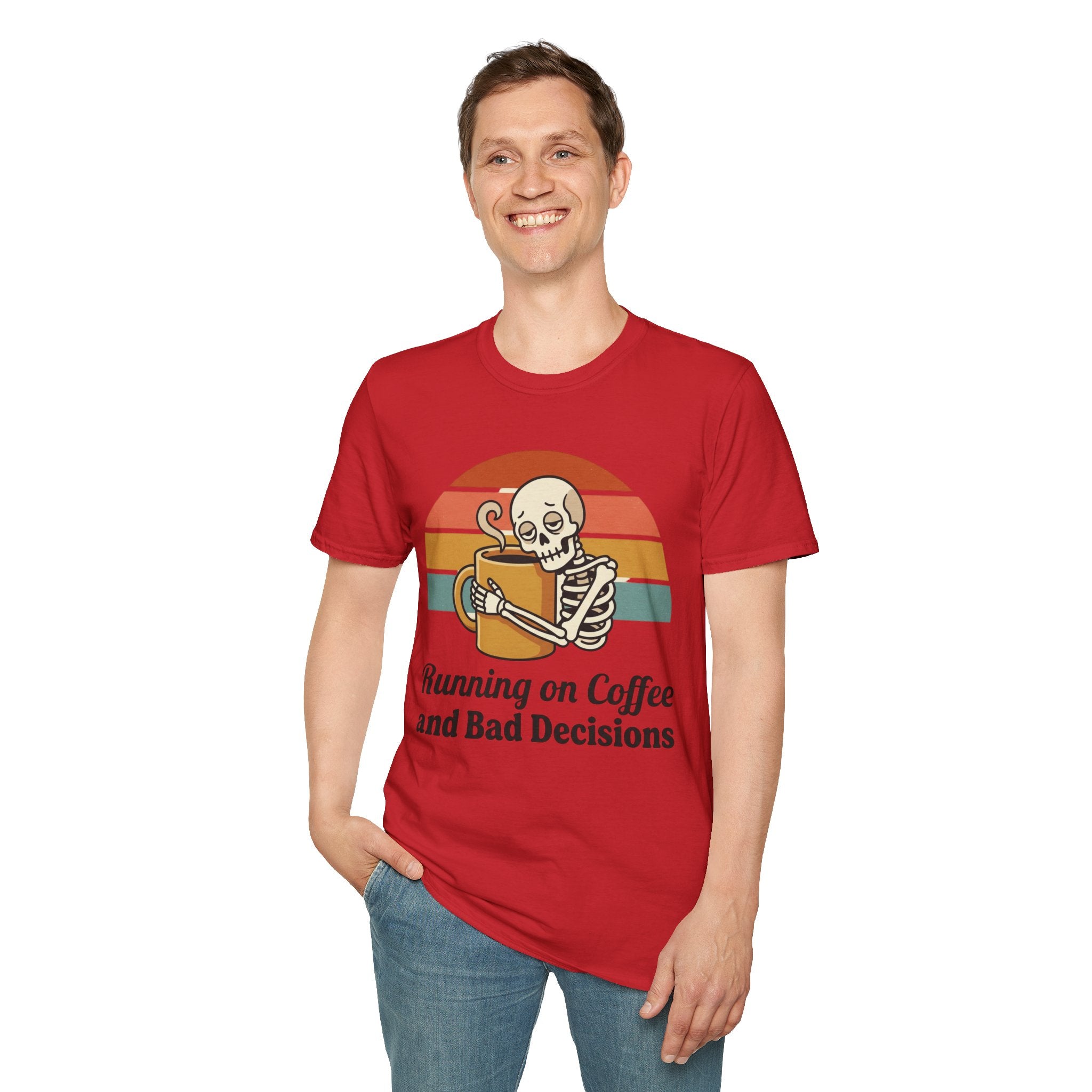 Running on Coffee and Bad Decisions T-Shirt — Retro Skeleton Coffee Tee