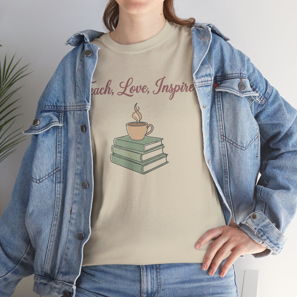 Teacher Tee — "Teach, Love, Inspire" Book & Coffee Graphic T-Shirt