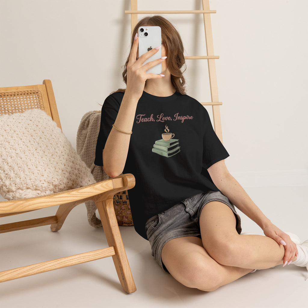 Teacher Tee — "Teach, Love, Inspire" Book & Coffee Graphic T-Shirt