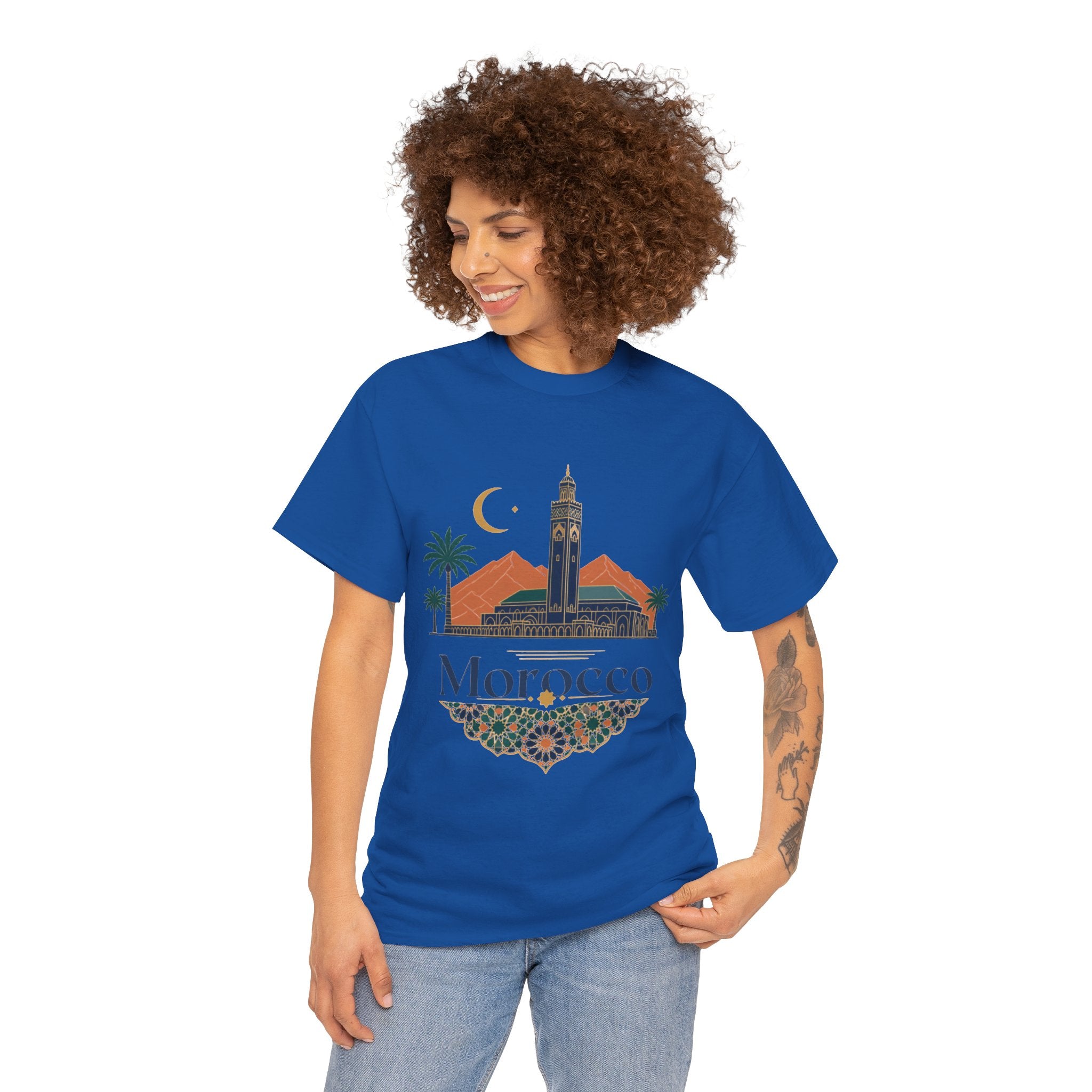 Morocco Travel T-Shirt — Atlas Mountains & Koutoubia Mosque Graphic Tee