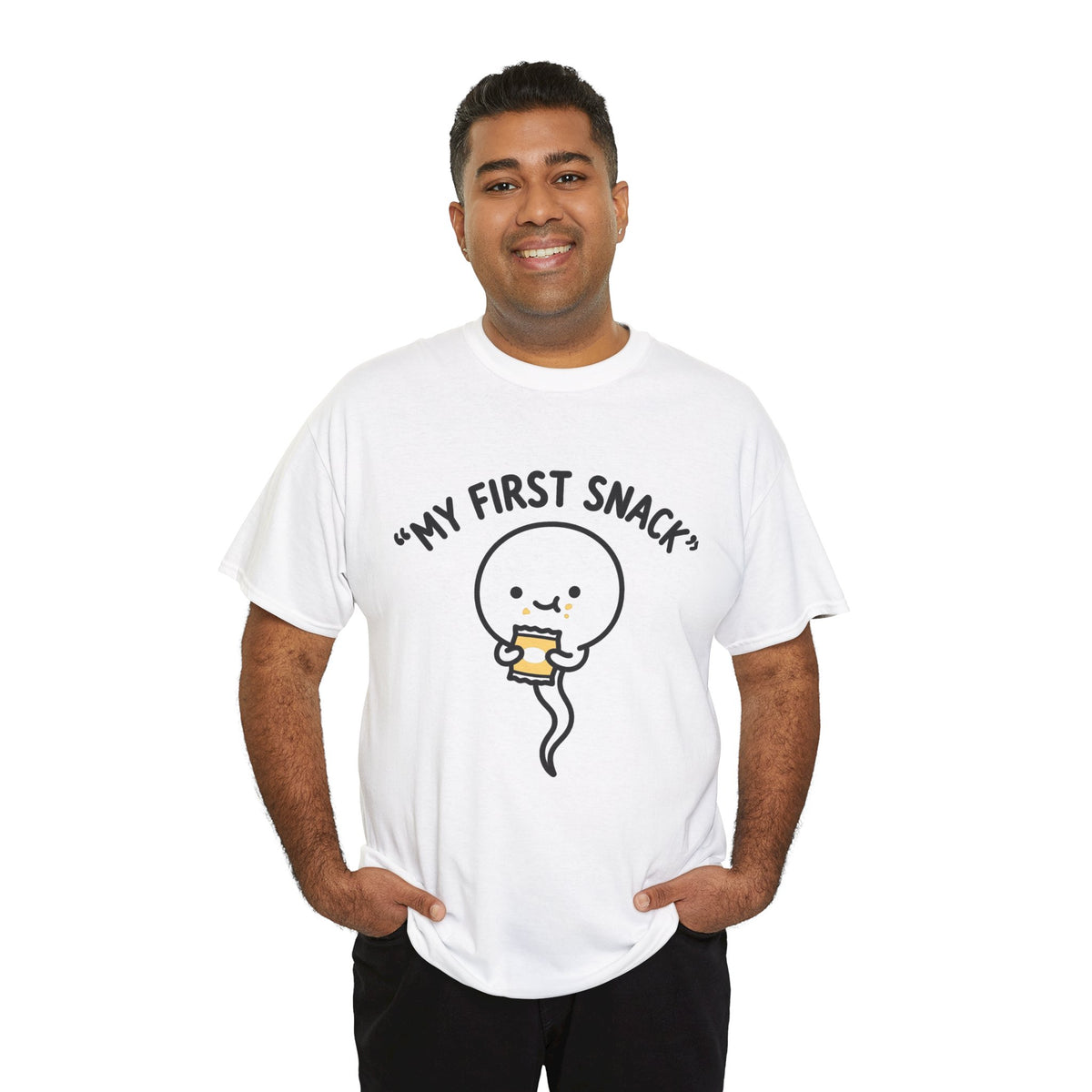 My First Snack Cute Sperm Graphic Tee — Funny Pregnancy Announcement Shirt