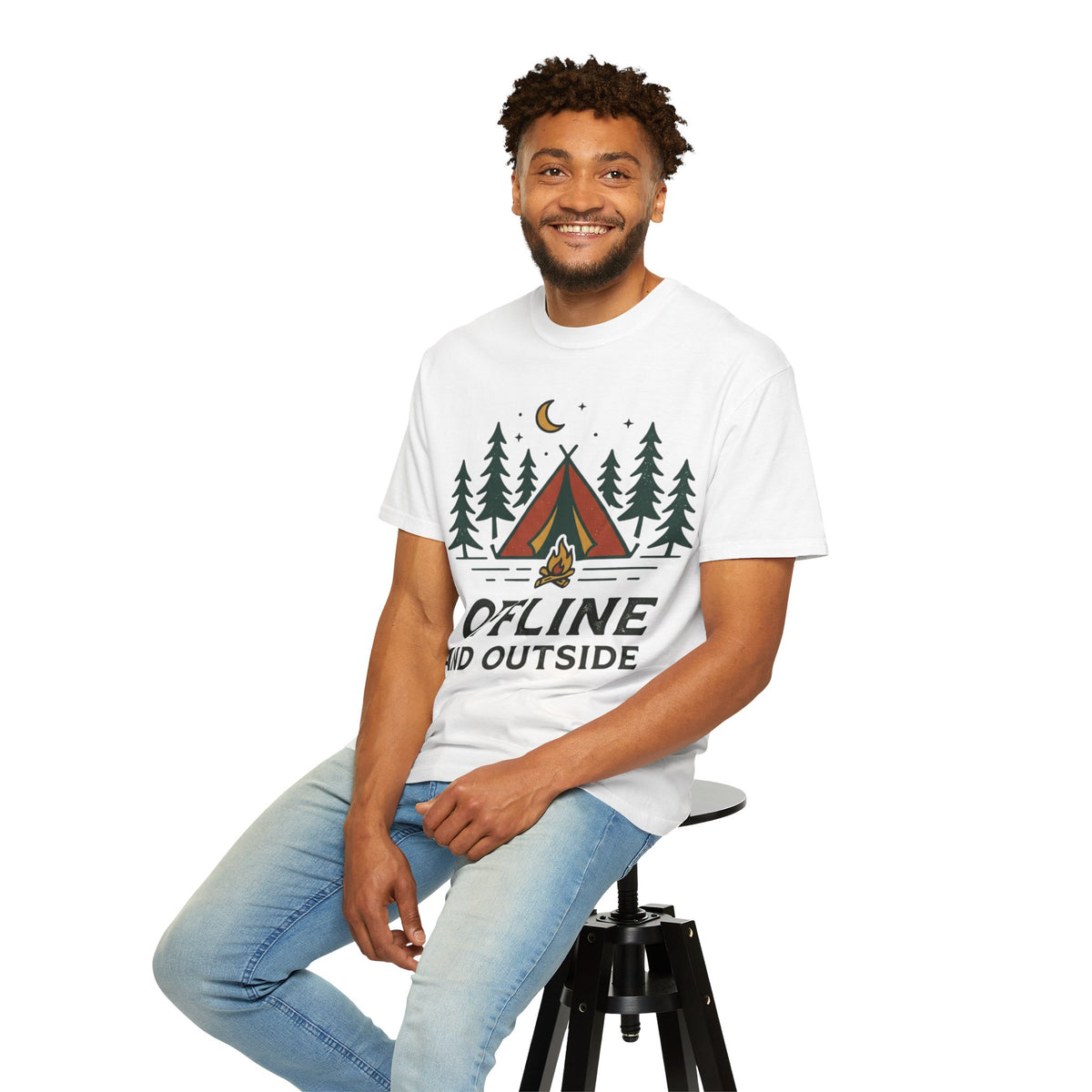 Camping T-Shirt — "Offline and Outside" Tent & Campfire Graphic