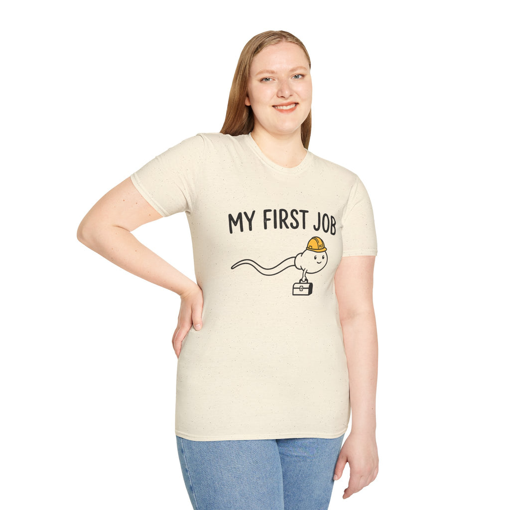 My First Job T-Shirt — Cute Sperm Cell Cartoon Construction Helmet Tee
