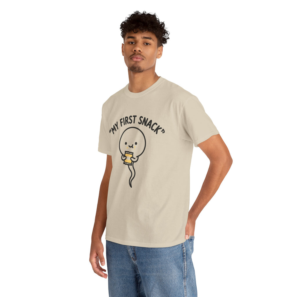 My First Snack Cute Sperm Graphic Tee — Funny Pregnancy Announcement Shirt