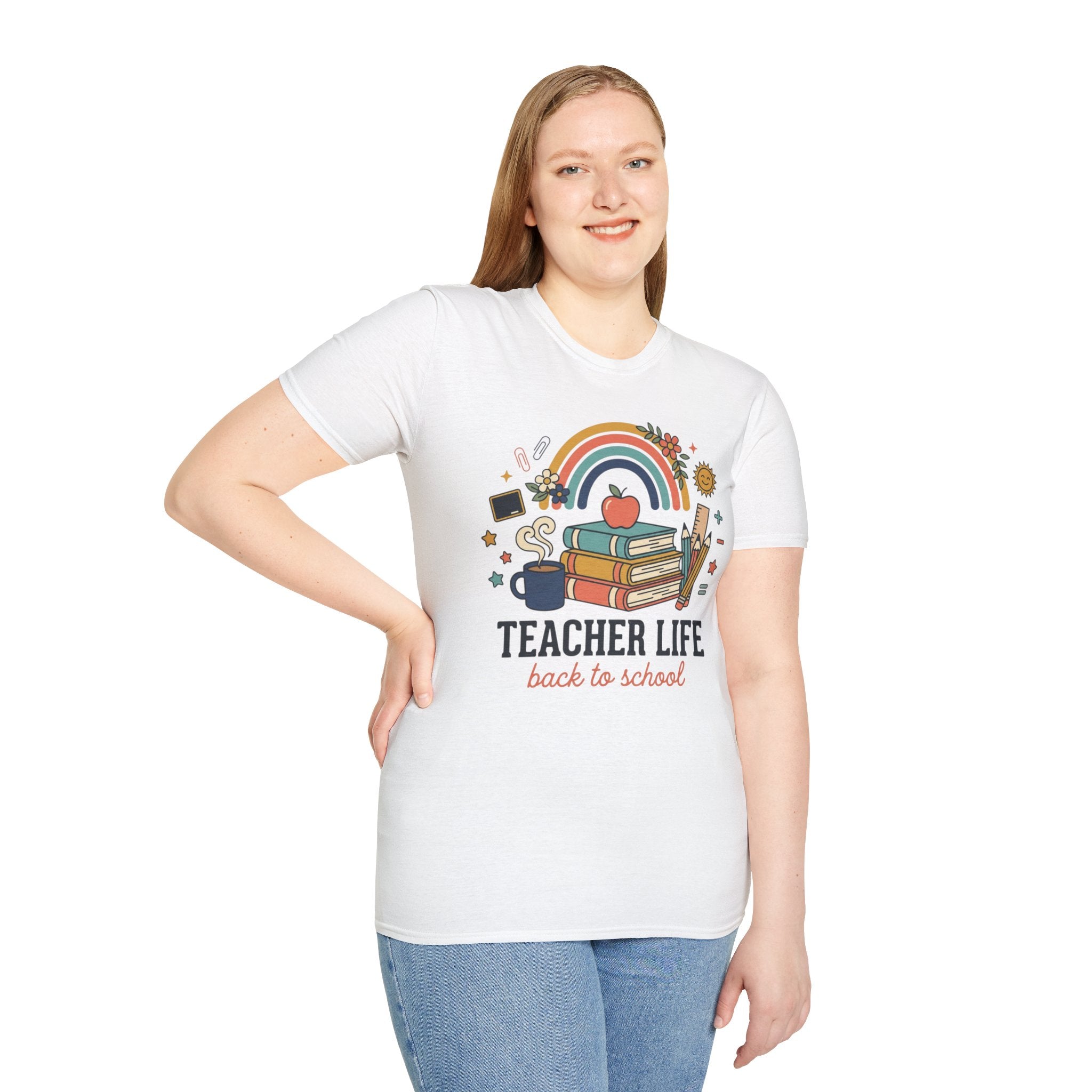 Teacher Life Back to School T-Shirt — Rainbow Books & Apple Graphic
