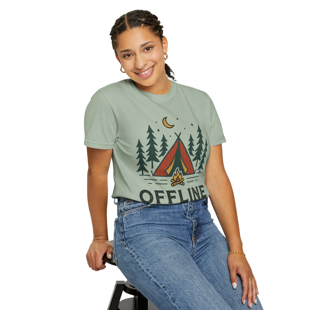 Camping T-Shirt — "Offline and Outside" Tent & Campfire Graphic