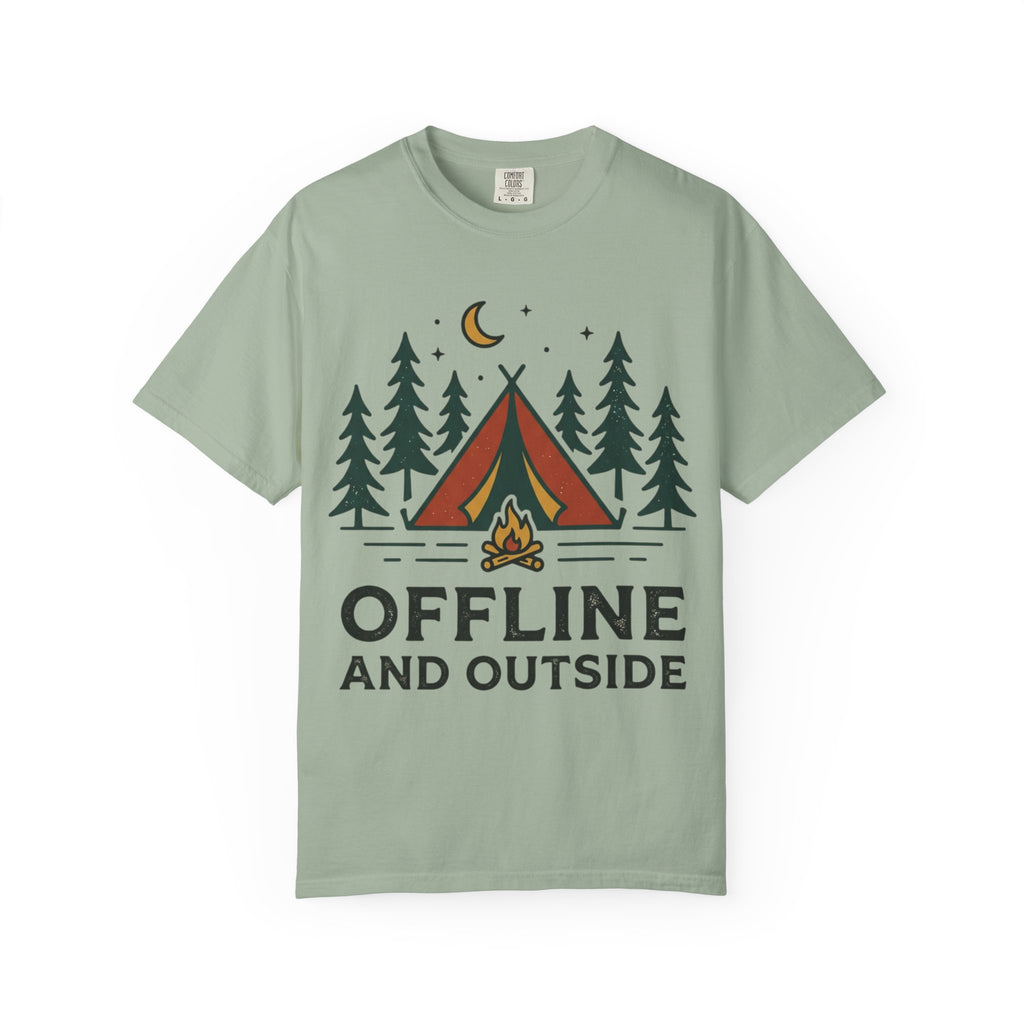 Camping T-Shirt — "Offline and Outside" Tent & Campfire Graphic