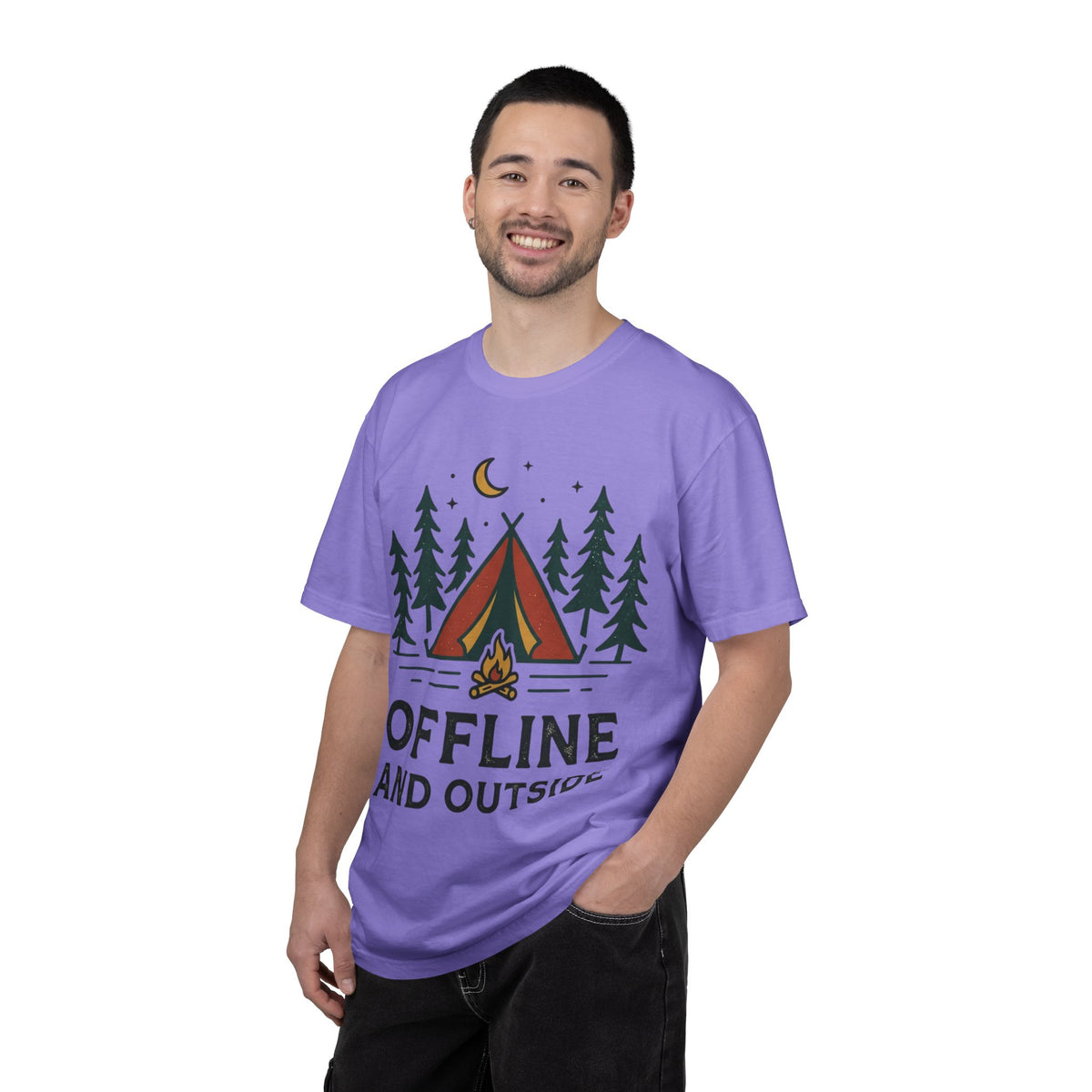 Camping T-Shirt — "Offline and Outside" Tent & Campfire Graphic