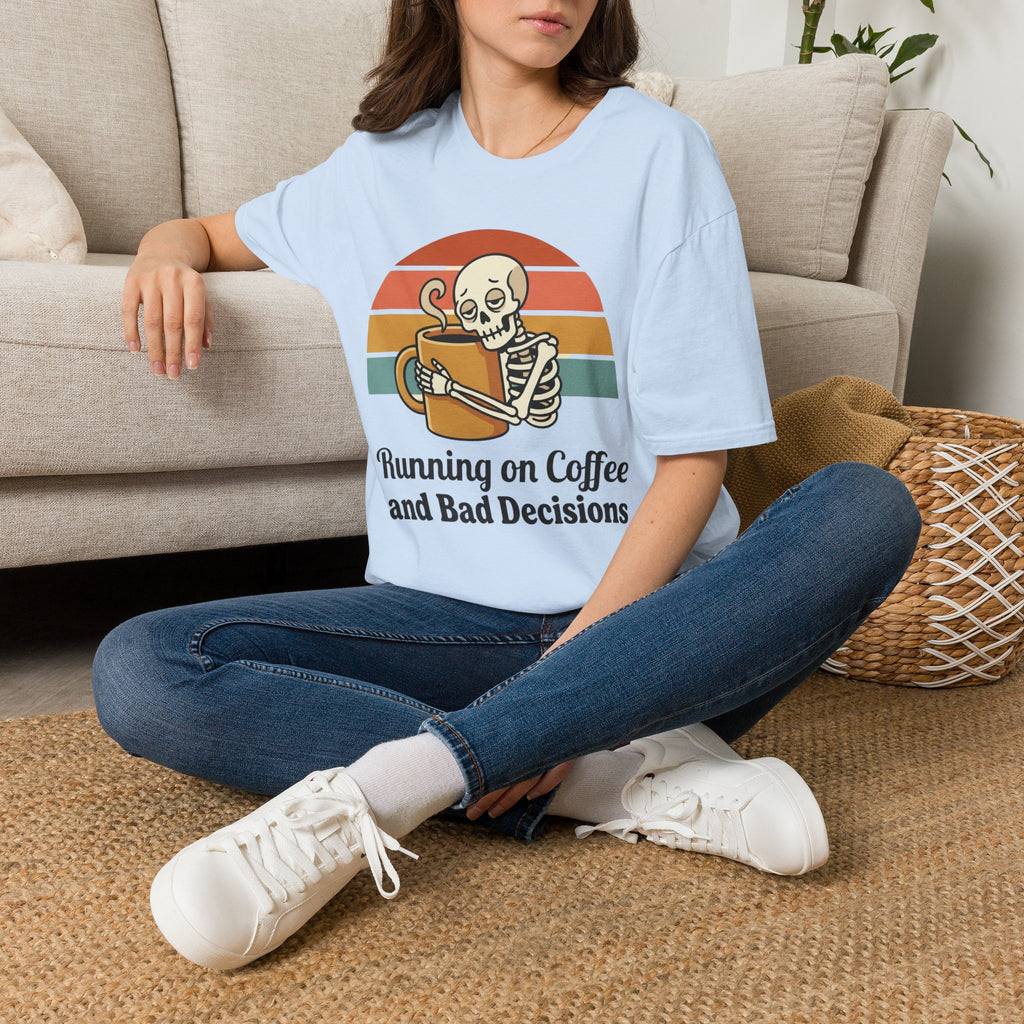 Running on Coffee and Bad Decisions T-Shirt — Retro Skeleton Coffee Tee