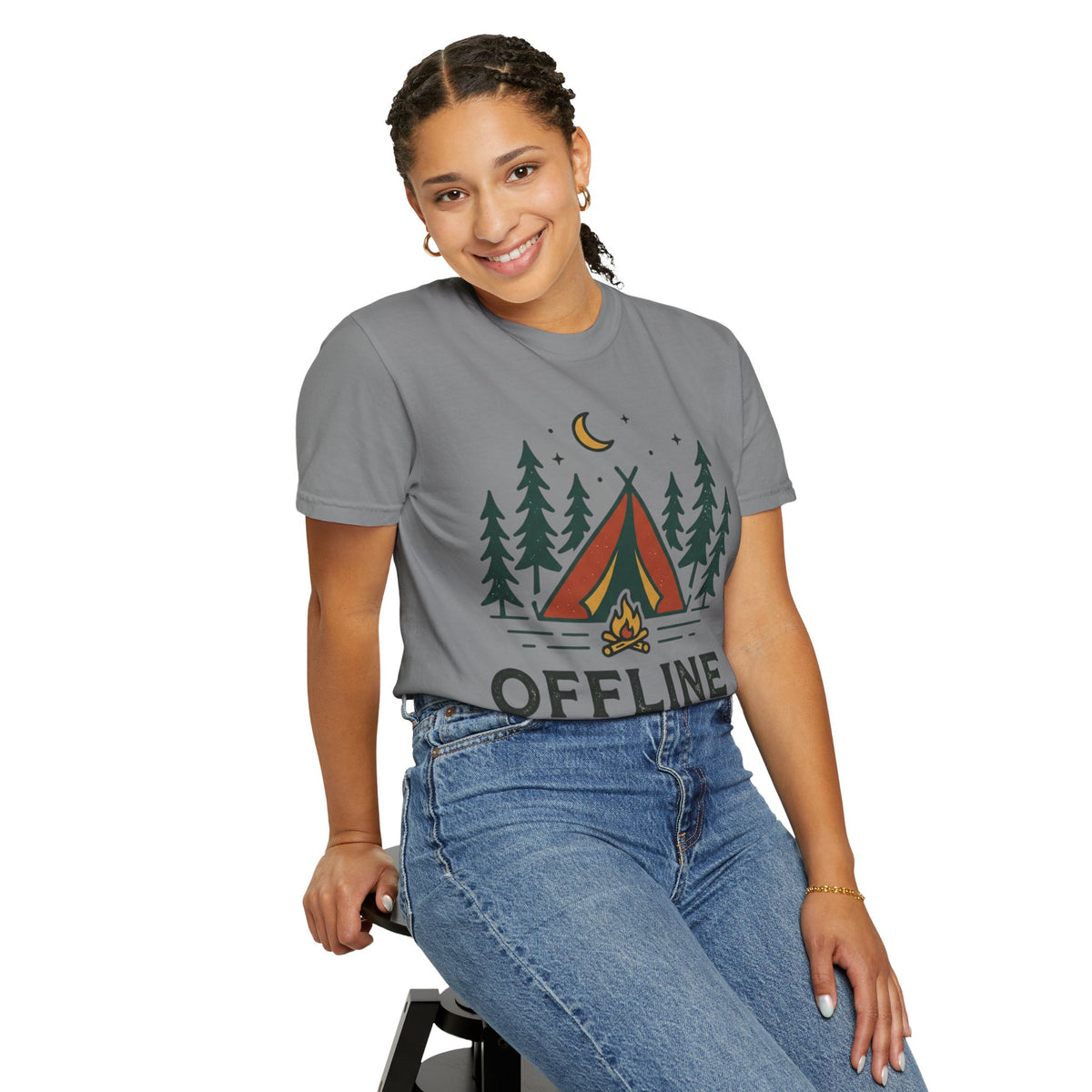Camping T-Shirt — "Offline and Outside" Tent & Campfire Graphic